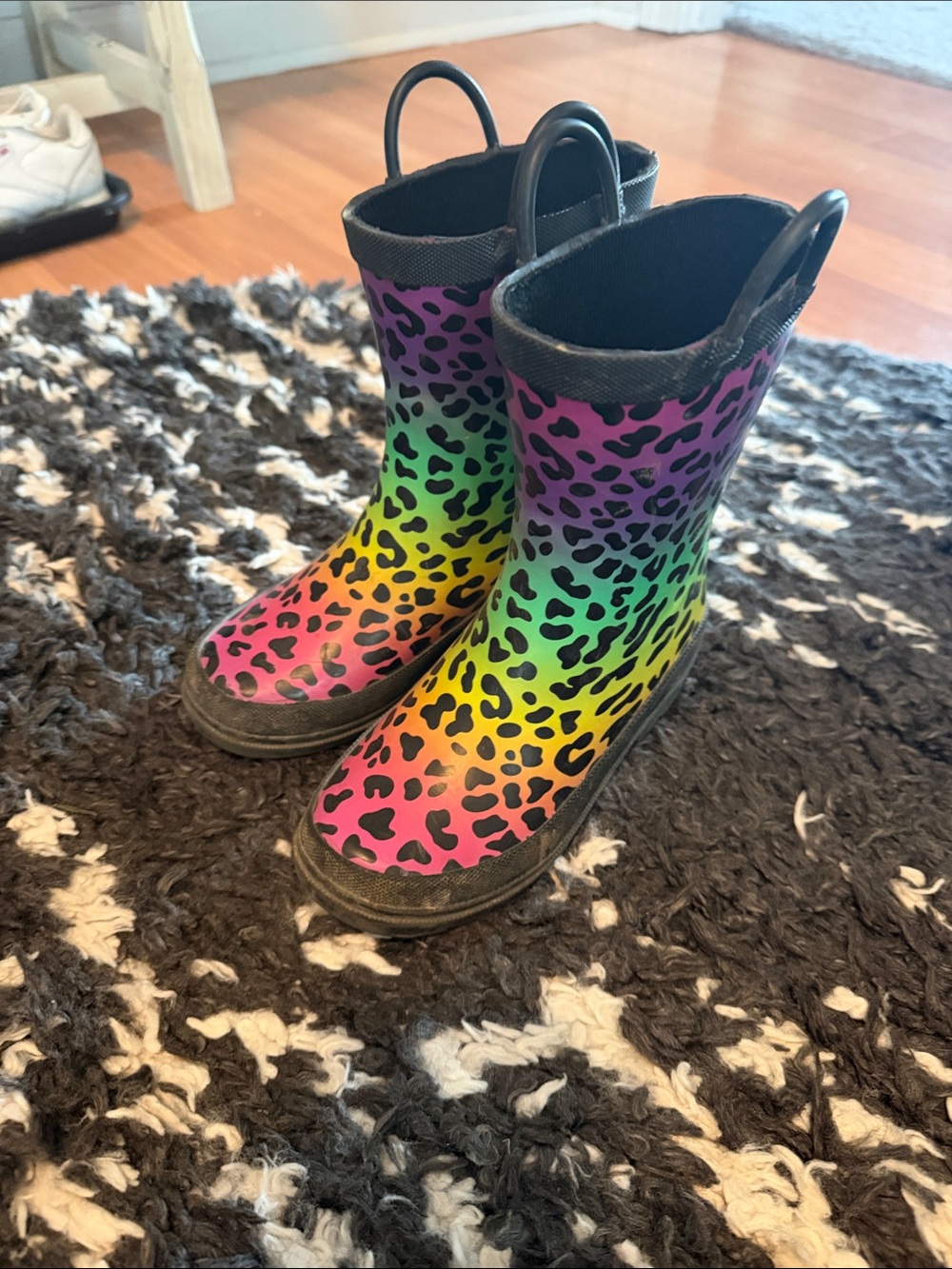 Kids Rainbow Leopard Waterproof Rain Boots with Pull Handles